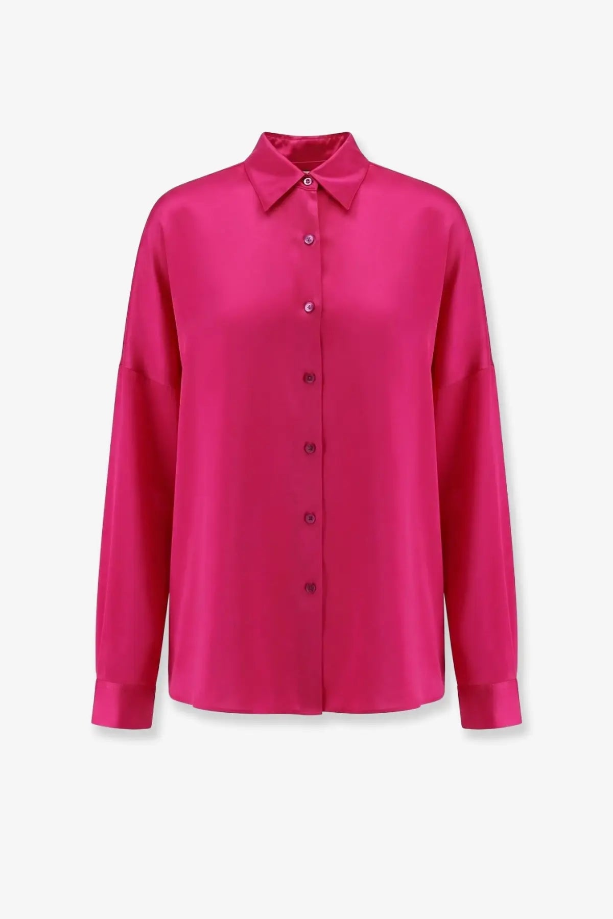 A vibrant fuchsia satin button-down shirt with classic collar and matching buttons by Dries Van Noten women’s Casia silk shirt pink