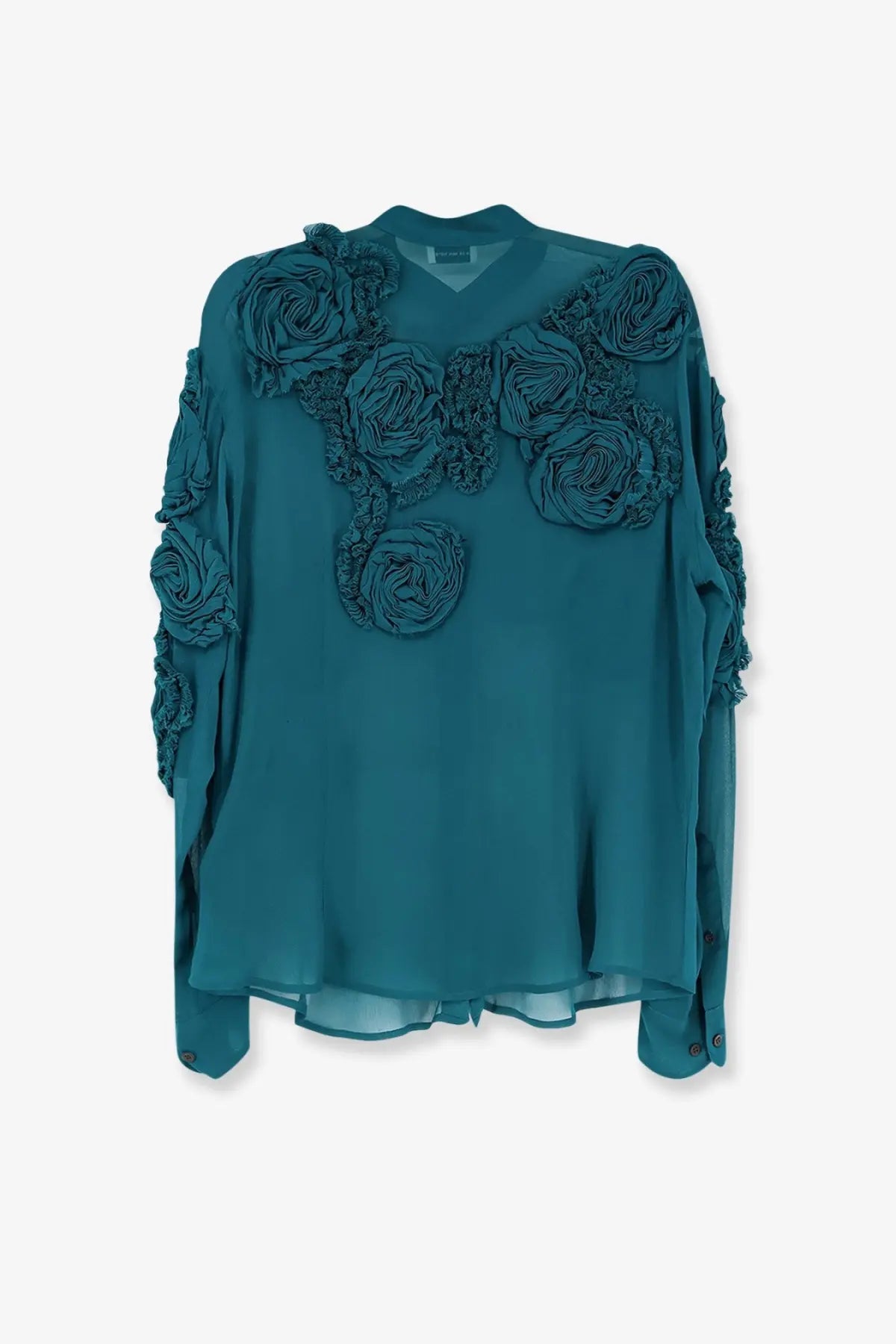 Teal silk blouse by Dries Van Noten featuring dimensional rose appliqués on shoulders and sleeves in viscose blend