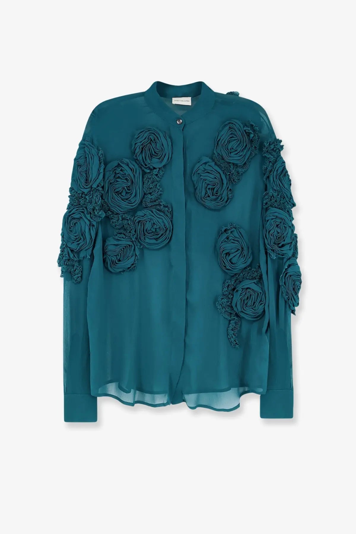Teal silk blouse with dimensional ruffled floral appliqués on sleeves and front by Dries Van Noten women’s Chowsa viscose shirt blue