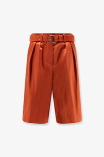 Dries van noten women’s brown cotton blend bermuda shorts with crisp orange satin finish and matching belt with silver buckle