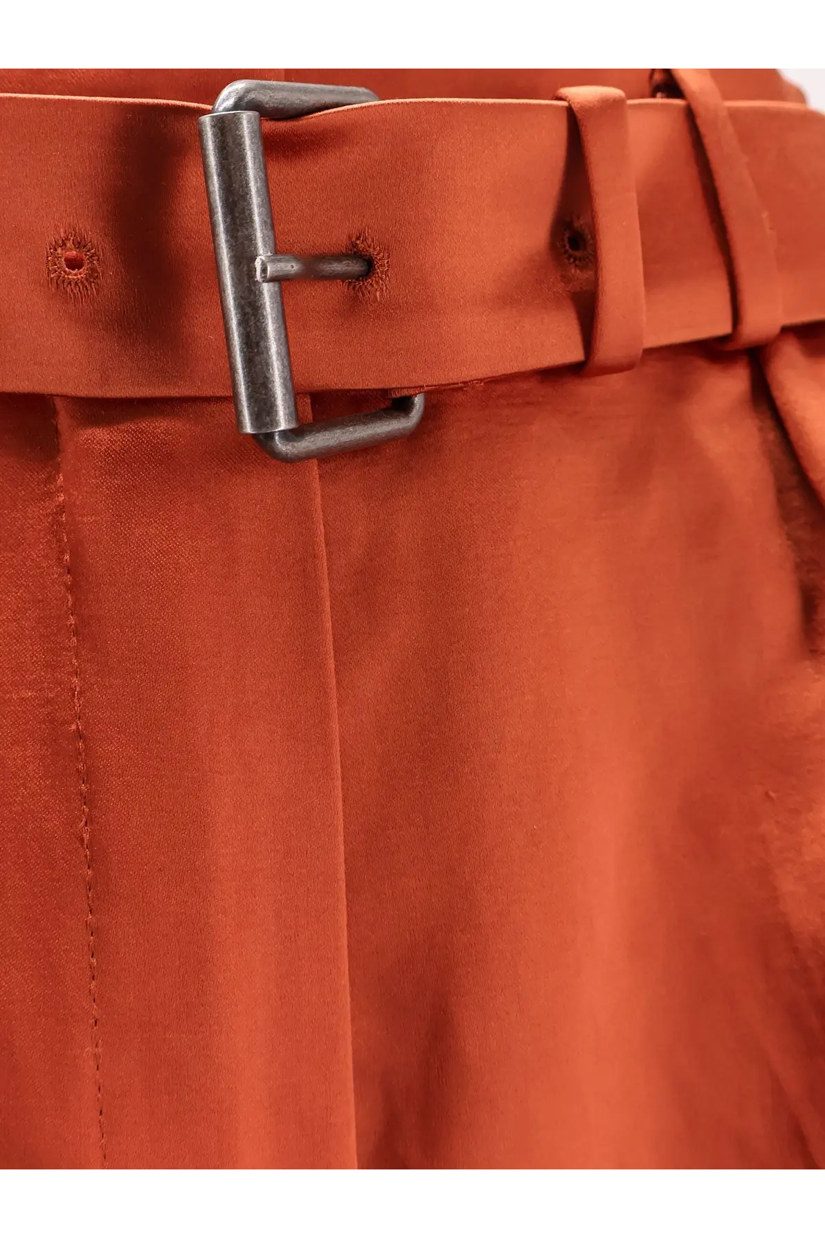 Rustic orange leather belt with matte silver-toned metal buckle paired with dries van noten brown cotton blend bermuda shorts