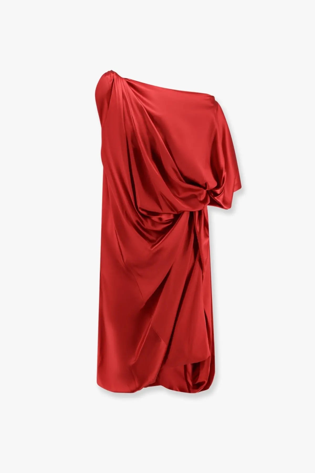 A vibrant red satin Dries Van Noten women’s Dalant silk dress with a draped one-shoulder design