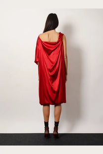 A flowing vibrant red satin dress with draped off-the-shoulder design by Dries Van Noten womens Dalant silk dress