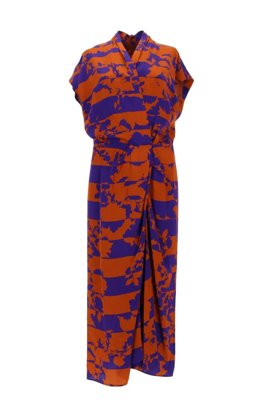 Dries Van Noten women’s vibrant orange and purple abstract-patterned wrap dress with short sleeves and v-neckline