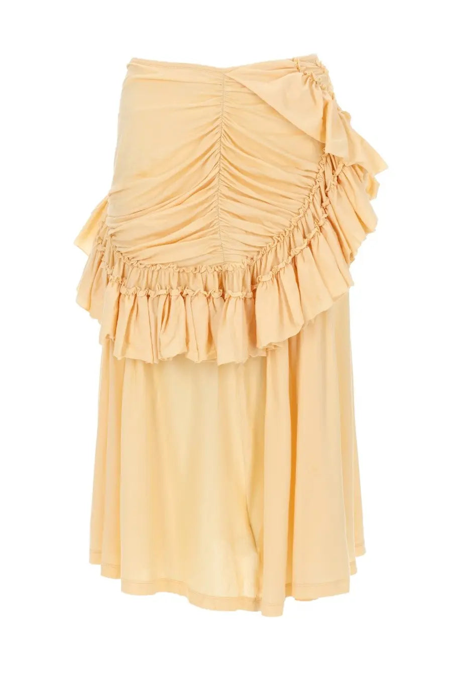 Dries Van Noten women’s pale peach asymmetrical skirt with ruching and layered ruffles along the side