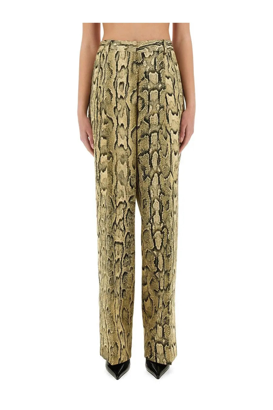 High-waisted dries van noten jacquard pants with bold textured olive green and black snake print pattern
