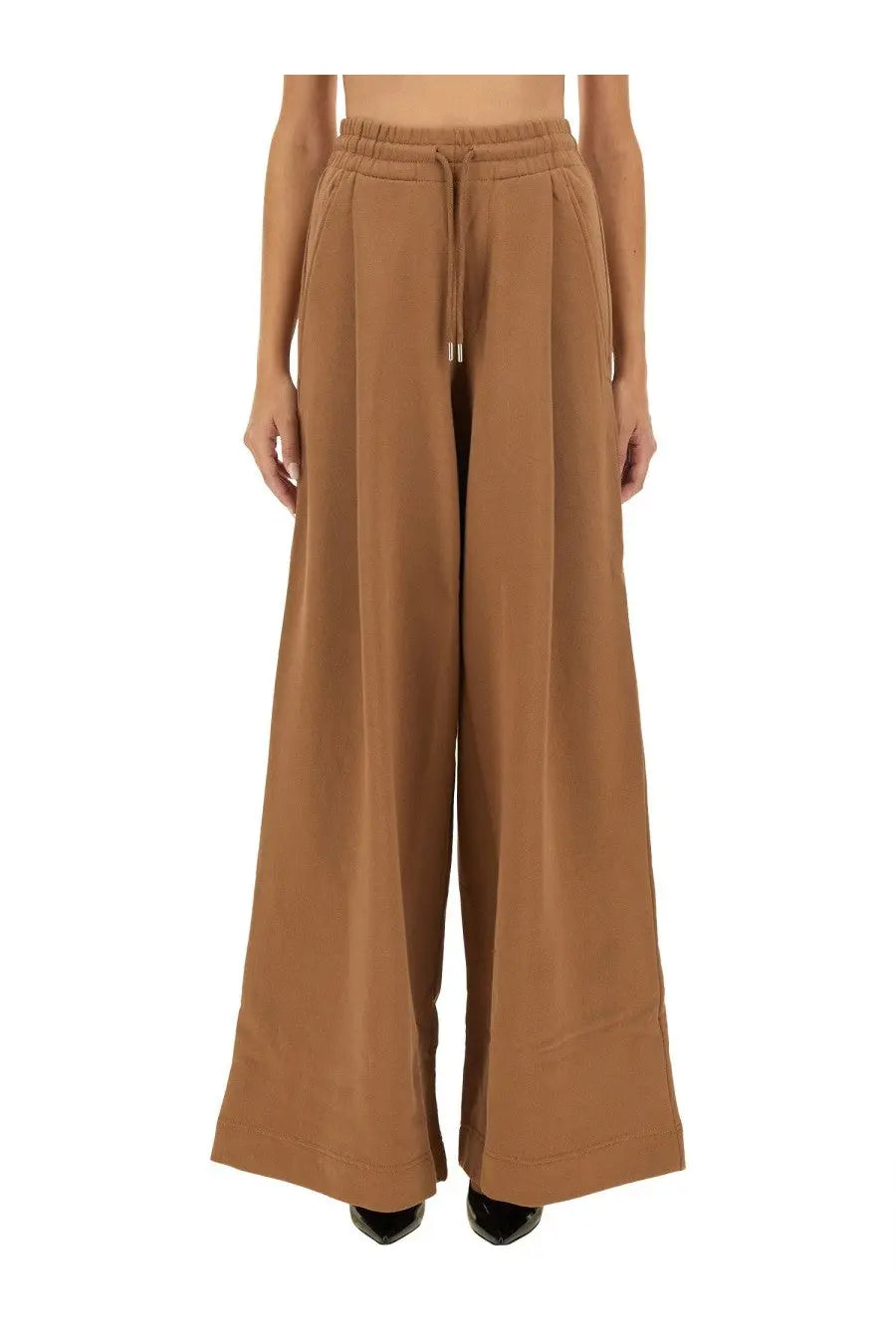 Dries van noten women’s brown jogging pants with tan wide-leg trousers elastic waistband and drawstring