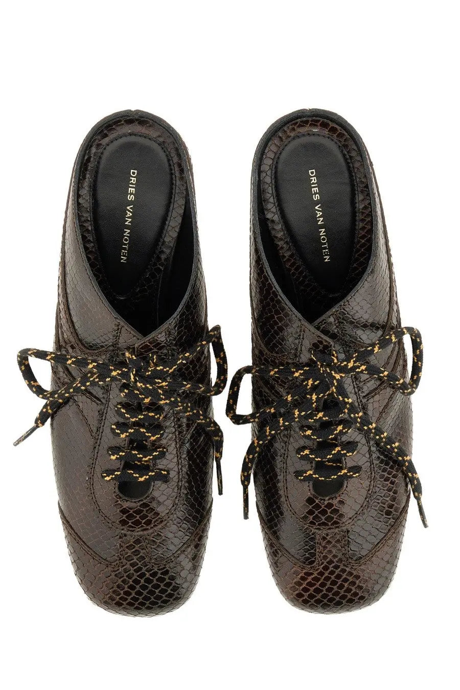 Dries van noten women leather slip on mules brown with black snake print and gold threaded laces lace up shoes