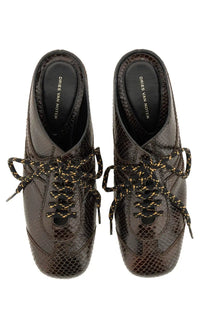 Dries van noten women leather slip on mules brown with black snake print and gold threaded laces lace up shoes