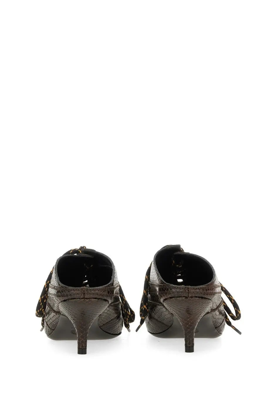 Dark brown snake print leather slip on mules with fringed detailing by Dries Van Noten for women