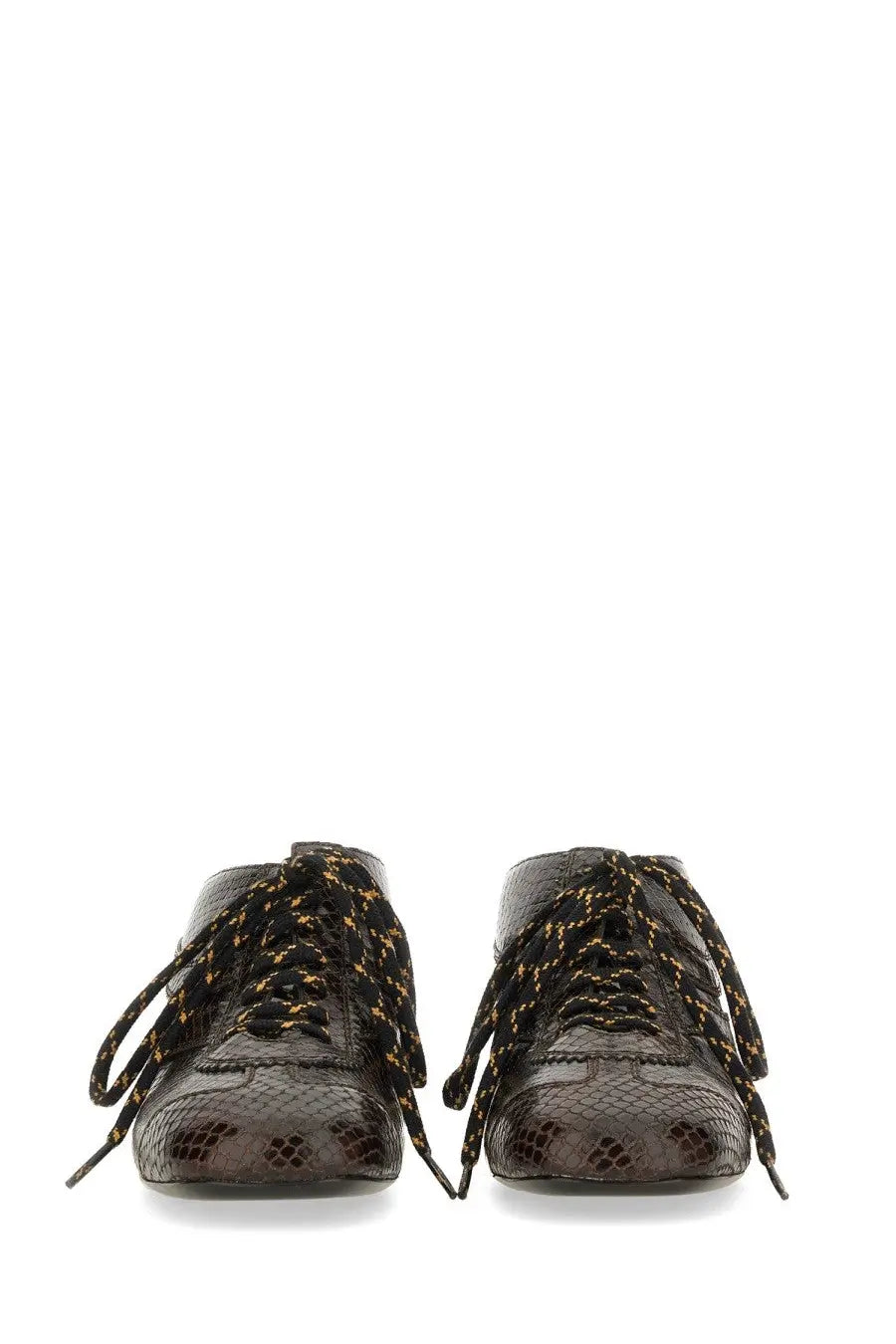 Dries van noten women’s leather slip on mules in brown with dark brown snake print and gold geometric patterns