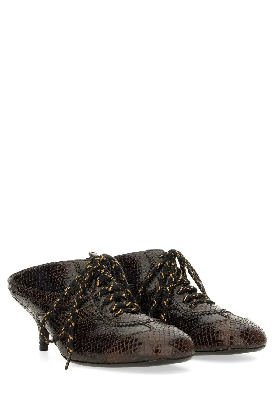 Dark brown snake-skin textured leather slip-on mules with gold embossed laces by dries van noten for women