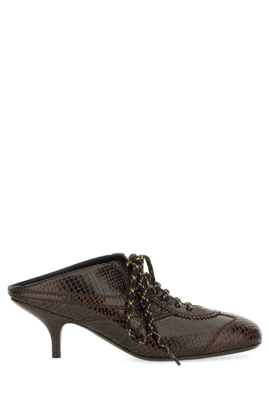 Brown snake-print leather slip-on mule shoe with gold-tone eyelets and laces by dries van noten
