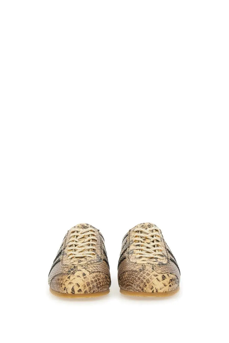 Dries van noten women’s leather sneaker with beige and brown snake-skin pattern and matching laces