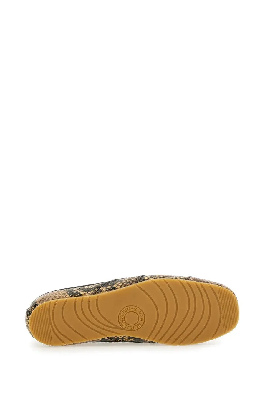 Dries van Noten women’s leather sneaker multicolor snake printed flat shoe with tan rubber sole and embossed logo