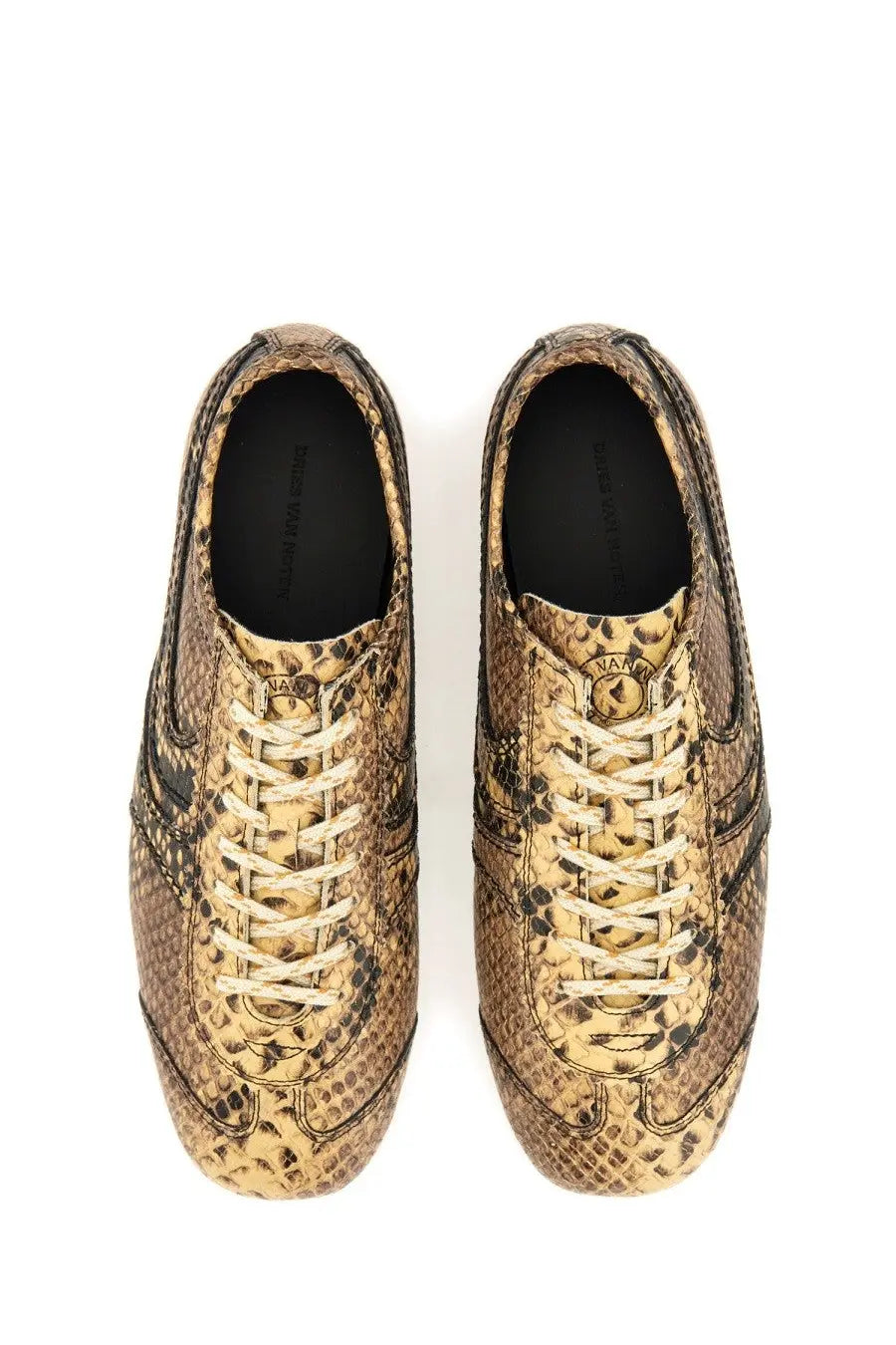 Dries Van Noten women’s leather sneaker multicolor with tan and brown snake print and sleek textured upper