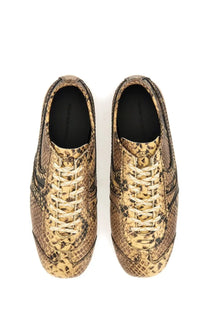 Dries Van Noten women’s leather sneaker multicolor with tan and brown snake print and sleek textured upper