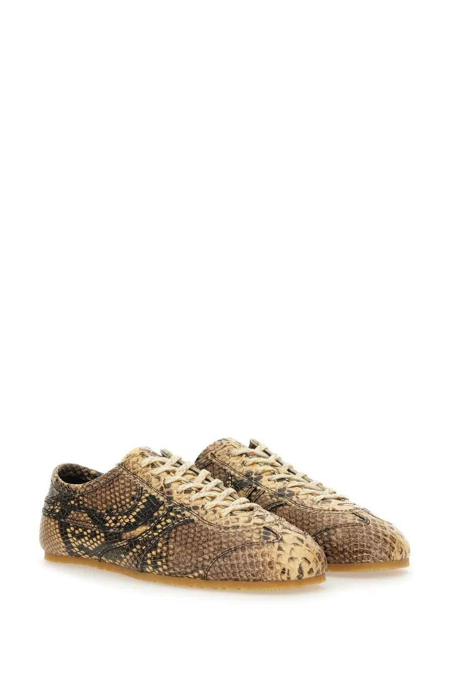 Dries Van Noten women’s leather low-top sneakers in tan and brown snake-skin pattern with beige laces