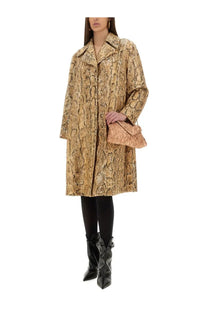 Dries Van Noten women’s long coat with golden-brown snake print pattern and structured collar