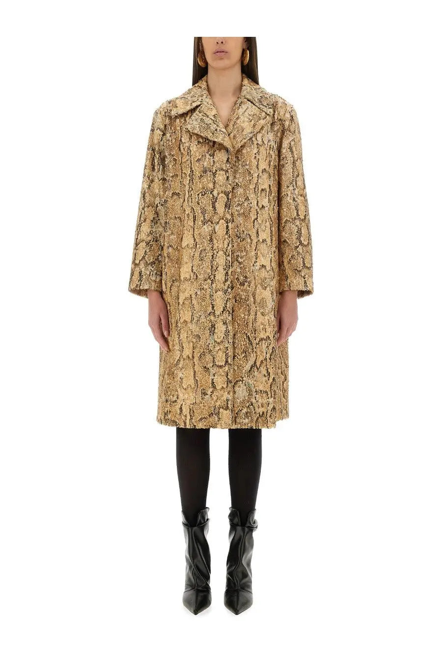Dries Van Noten women’s long coat in tan and brown snakeskin-patterned wool with a notched collar