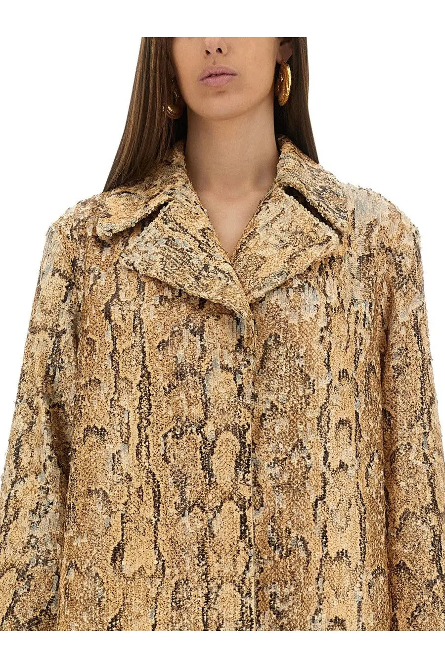 Dries Van Noten women’s long coat with textured gold and brown snake-skin pattern and structured collar
