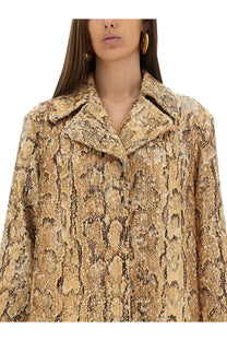Dries Van Noten women’s long coat with textured gold and brown snake-skin pattern and structured collar