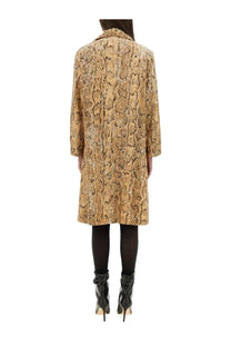 Dries Van Noten women’s long coat with tan and brown snake print pattern and textured fabric