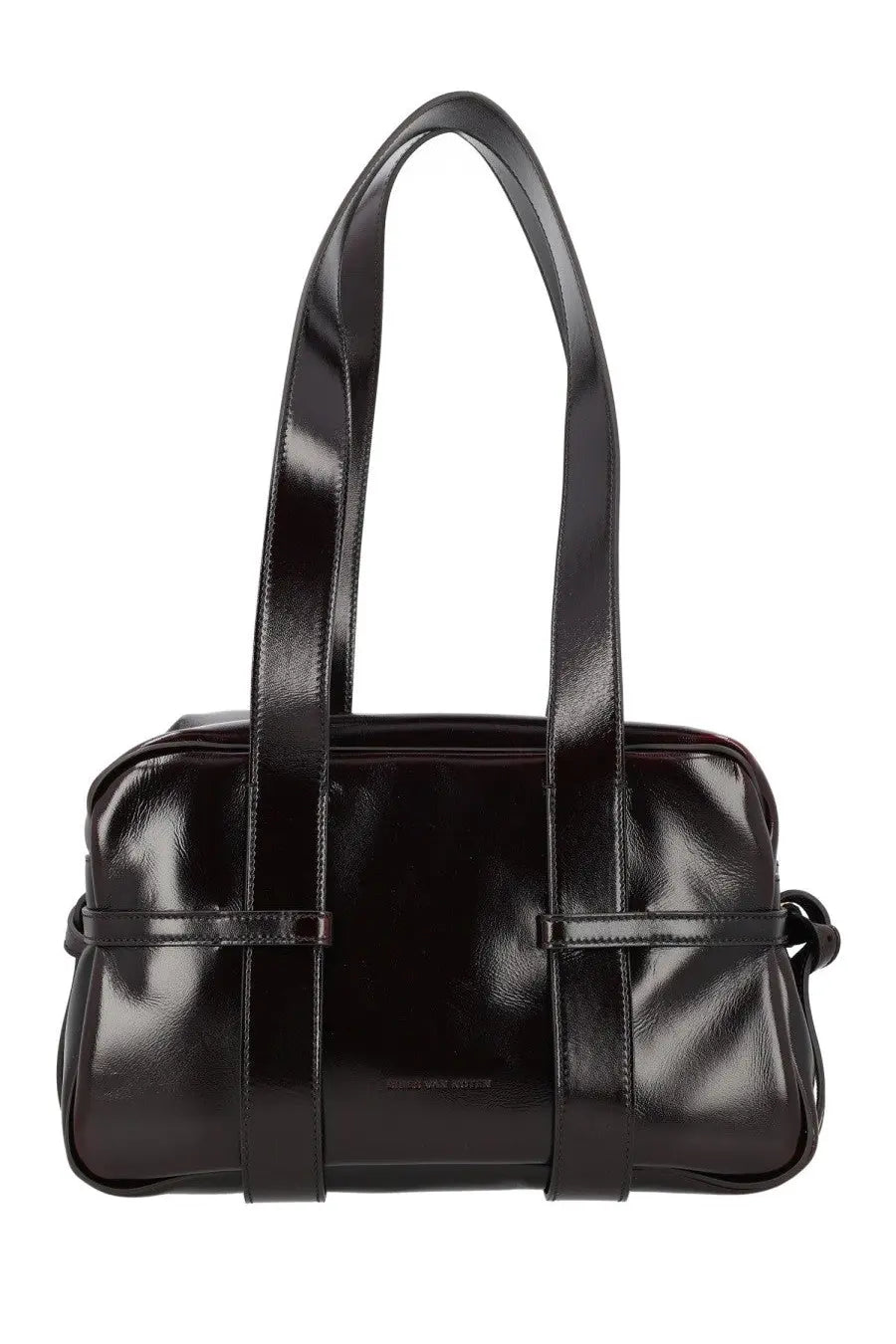 Dries Van Noten women’s medium bowling bag in sleek black patent leather with structured handles and minimalist design