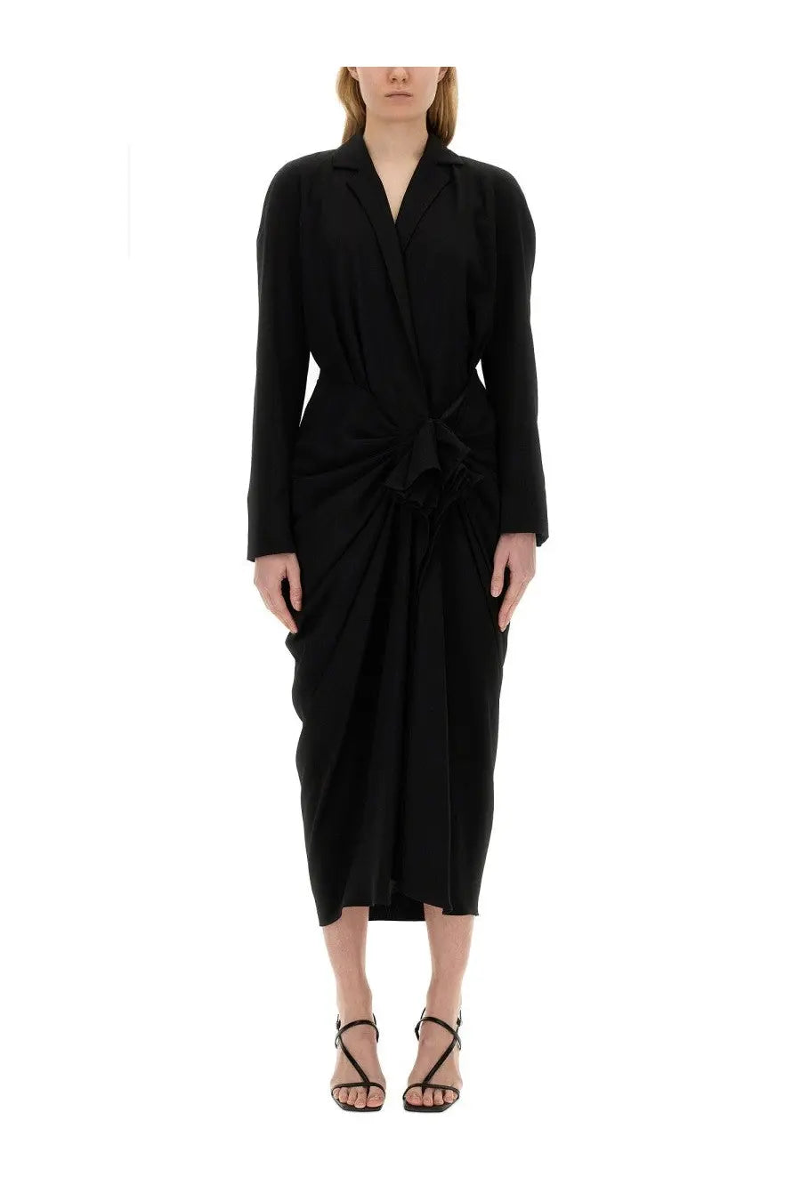 Dries Van Noten women’s black satin wrap midi dress with belted waist and long sleeves