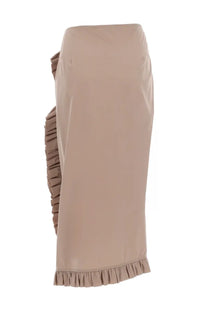 Beige midi skirt by dries van noten with ruffled side slit and matching frayed hem for women
