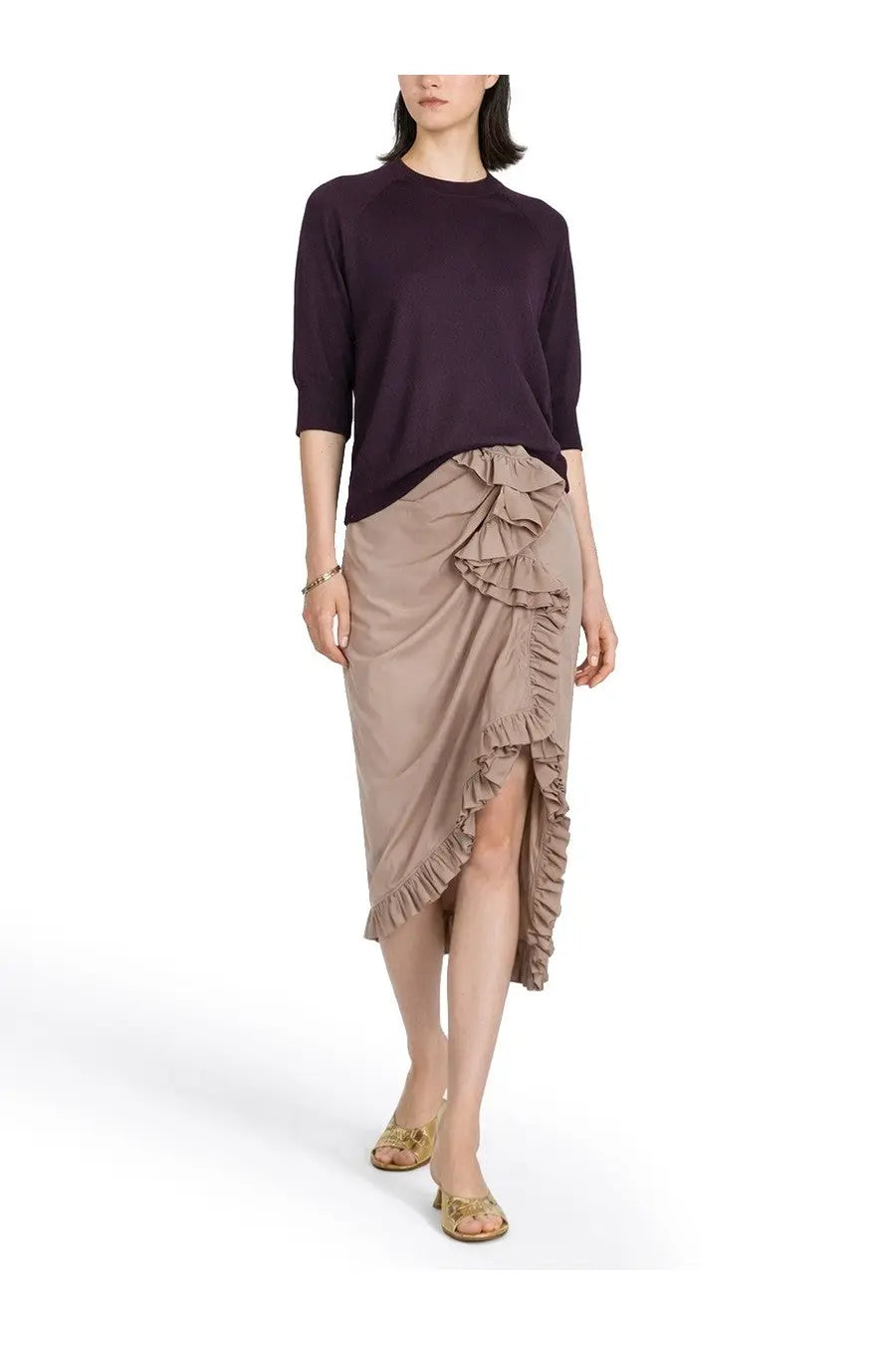Taupe asymmetrical wrap midi skirt with layered ruffles by dries van noten for women in a midi length design