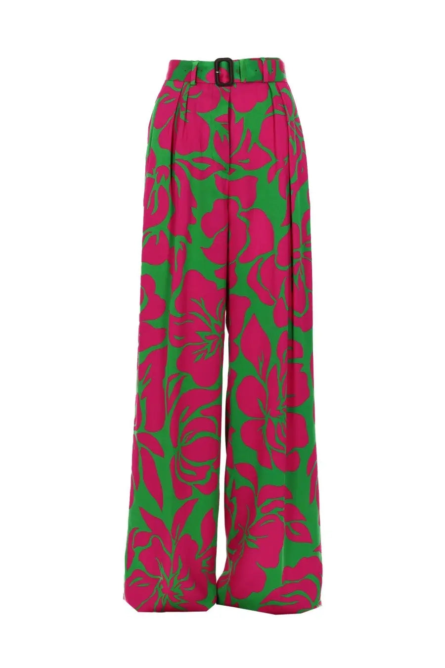 Dries van noten women’s pantalone peaches bis multicolor high-waisted wide-leg trousers in pink and green floral print with black belt