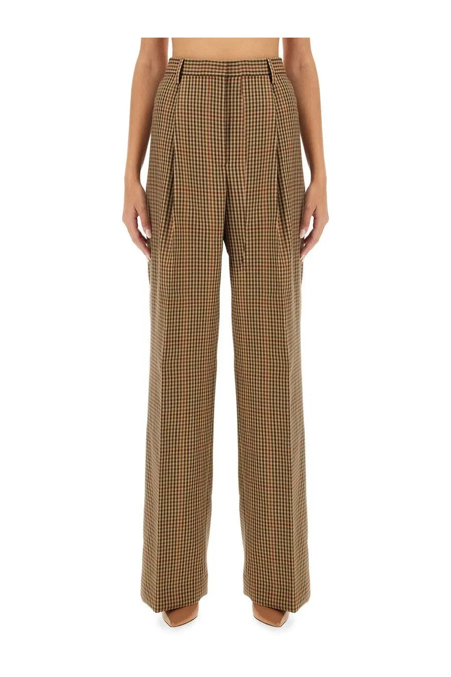 High-waisted wide-leg brown houndstooth trousers for women by Dries Van Noten made from structured wool blend fabric