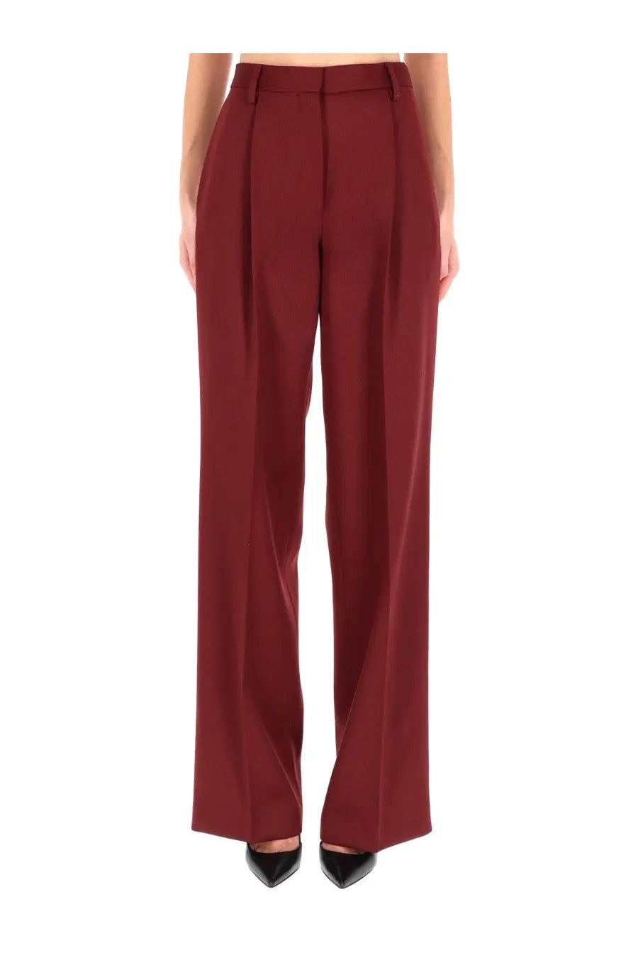 Dries van noten women’s burgundy high-waisted wide-leg trousers with tailored fit and front pleats