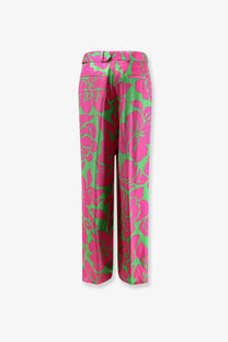 Dries Van Noten women’s peaches bis viscose wide-leg trousers in bright pink and lime green floral print green