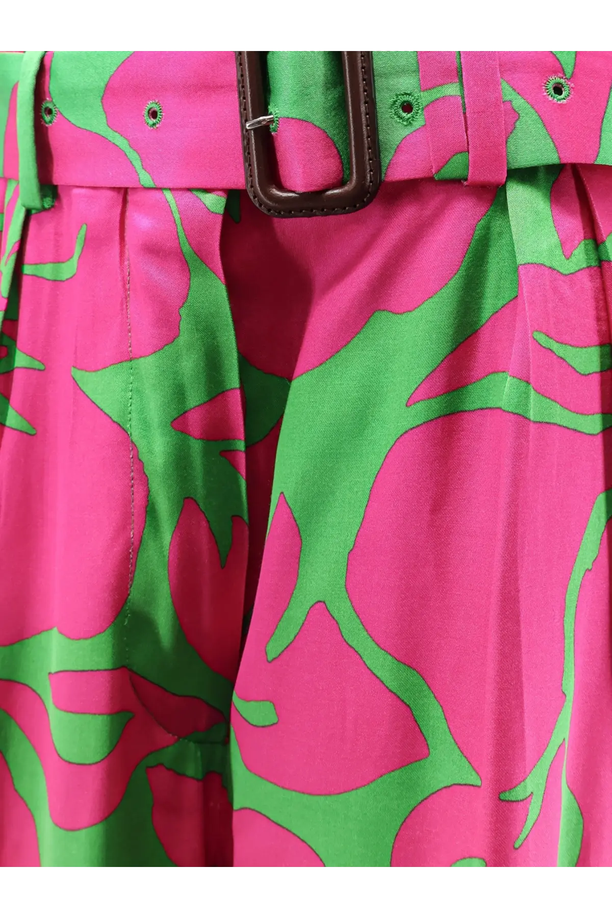 Dries Van Noten women’s viscose trousers in green with pink and green floral print high-waisted skirt and brown belt buckle