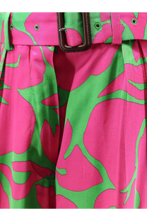 Dries Van Noten women’s viscose trousers in green with pink and green floral print high-waisted skirt and brown belt buckle