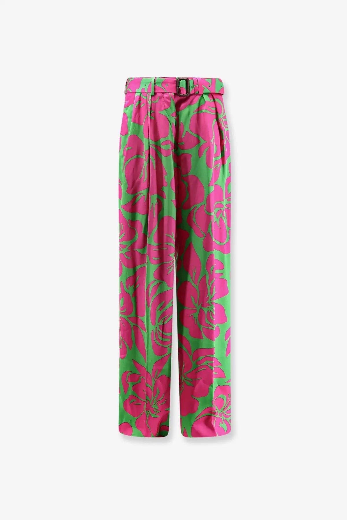Dries Van Noten women’s peaches bis viscose high-waisted trousers with vibrant pink green floral print and black belt