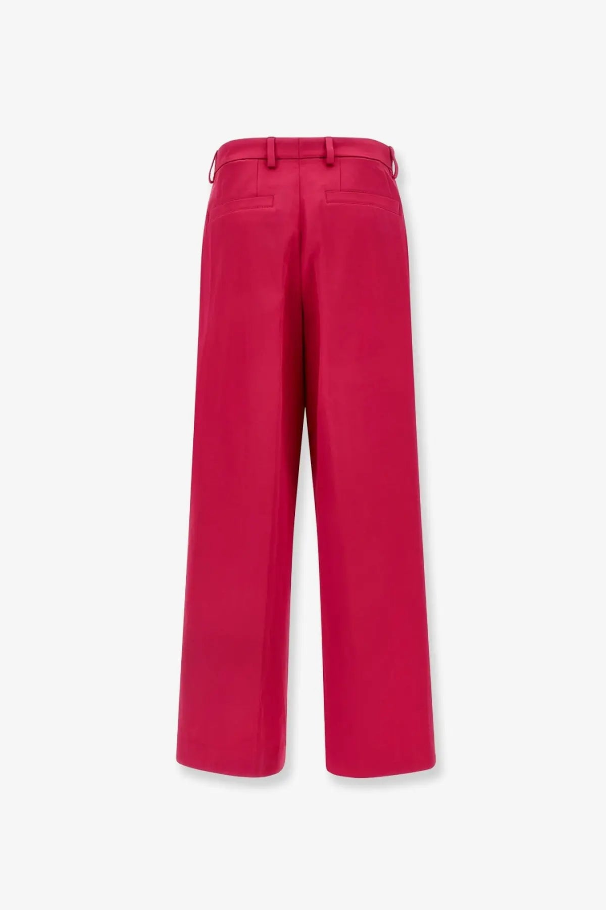 Bright fuchsia wide-leg Dries Van Noten penn satin trousers with tailored fit and subtle back pockets shown from the back