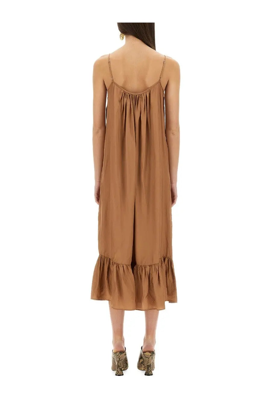 Dries van noten women’s beige silk slip dress with delicate spaghetti straps and ruffled hemline in caramel tone