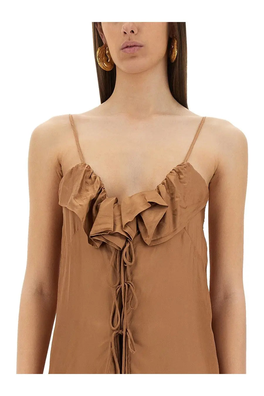 Dries Van Noten women’s beige satin camisole dress with delicate ruffled straps and front tie detail