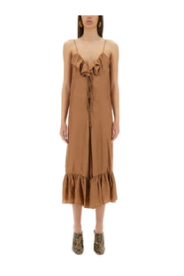 A tan sleeveless midi petticoat dress with ruffled straps and front tie detail by dries van noten beige