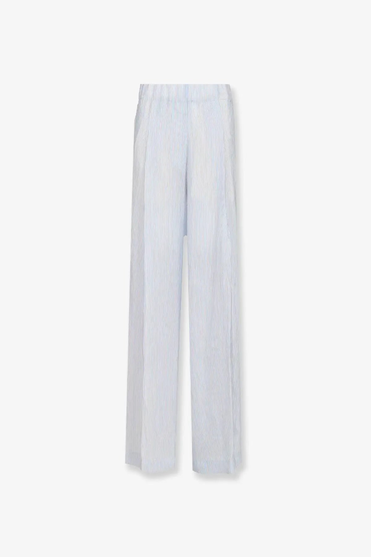 Dries Van Noten women’s pila cupro trousers in light blue and white vertical stripes with wide-leg design