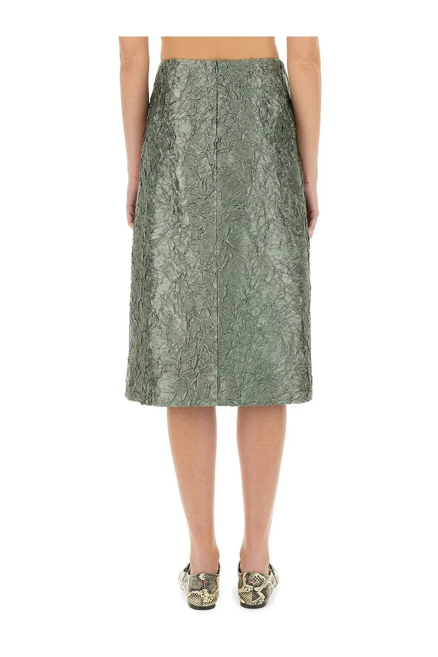 Olive green textured satin midi skirt with subtle crinkled pattern and straight hemline by dries van noten