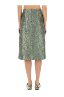 Olive green textured satin midi skirt with subtle crinkled pattern and straight hemline by dries van noten