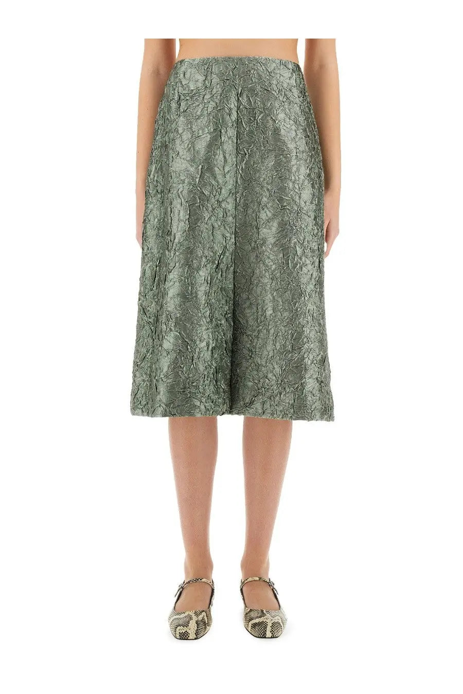 A textured olive-green lace ruched satin midi skirt with a flared silhouette by dries van noten women