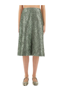 A textured olive-green lace ruched satin midi skirt with a flared silhouette by dries van noten women