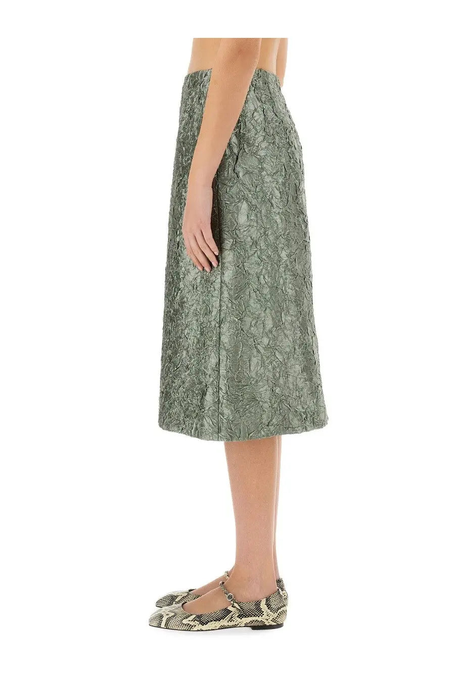 A textured olive green lace midi skirt with a flared hemline from Dries Van Noten womens ruched satin collection