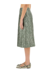 A textured olive green lace midi skirt with a flared hemline from Dries Van Noten womens ruched satin collection