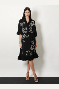 Dries Van Noten womens samila skirt black black embroidered floral shirt dress with white details and ruffled hem